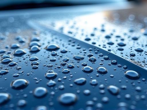 A close-up of water beading on a car hood with a ceramic coating.
