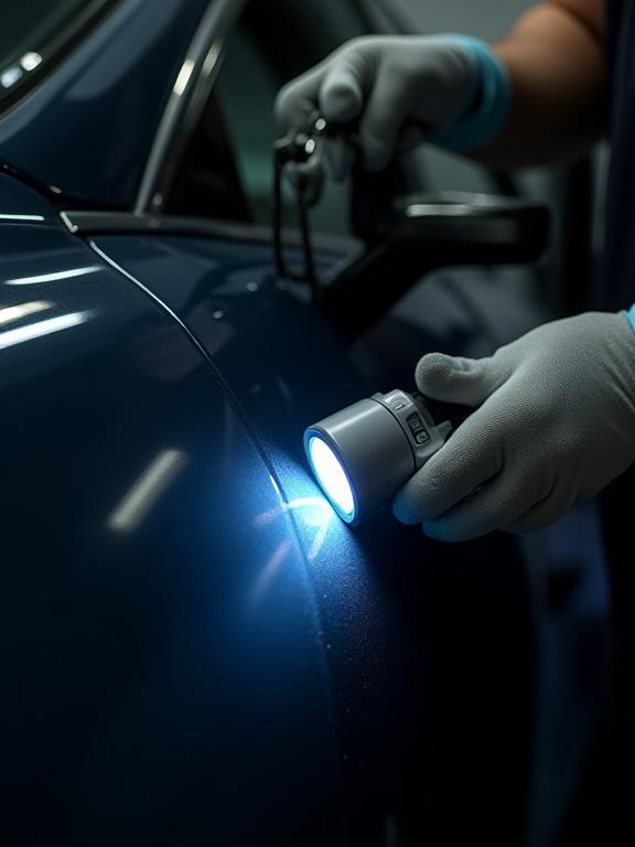 A detailing expert uses a special light to inspect the paint quality on a car door.